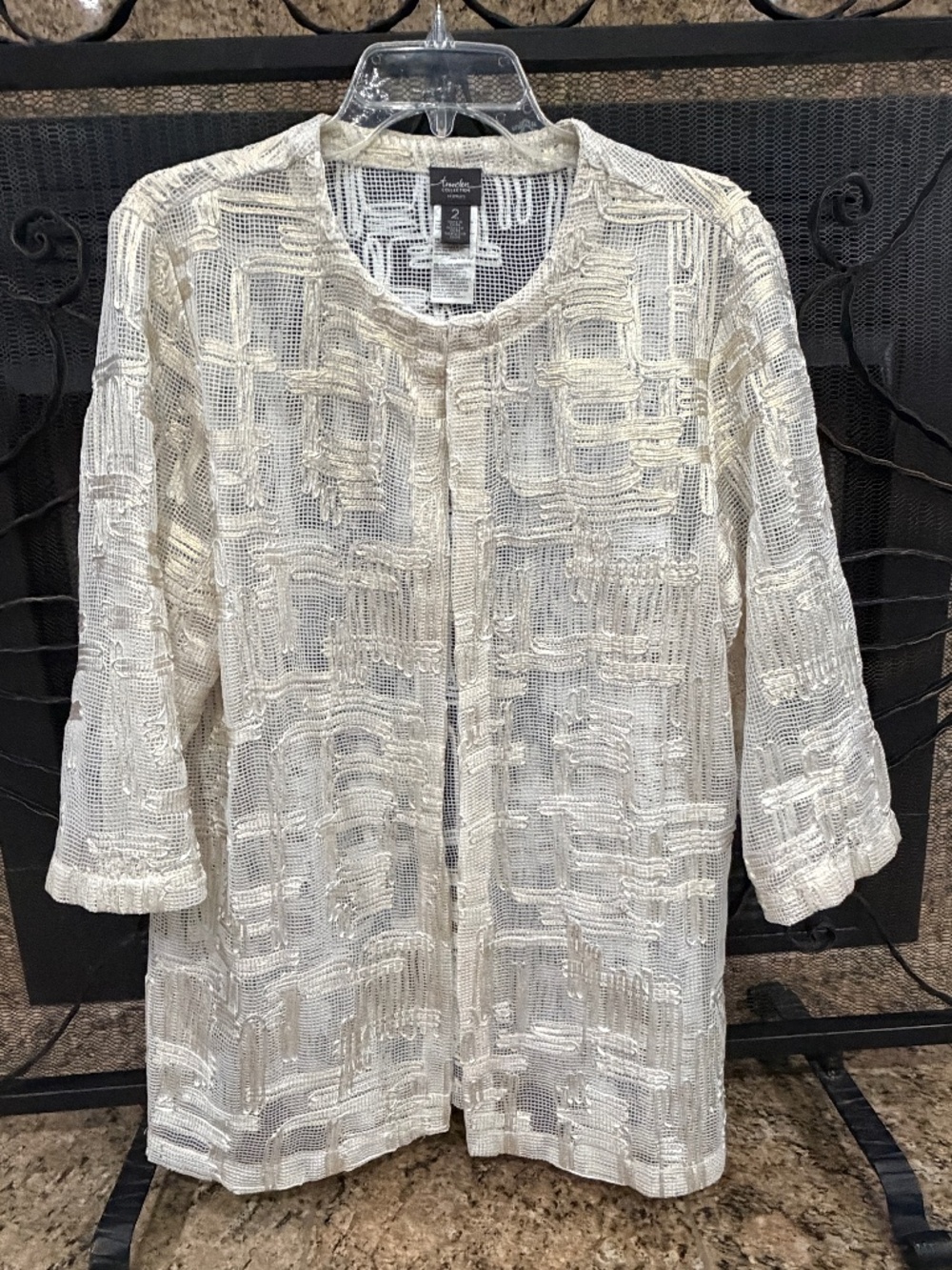 Chico's Travelers Collection Size 2 Ladies Women's Jacket White Gold Mesh Ribbon